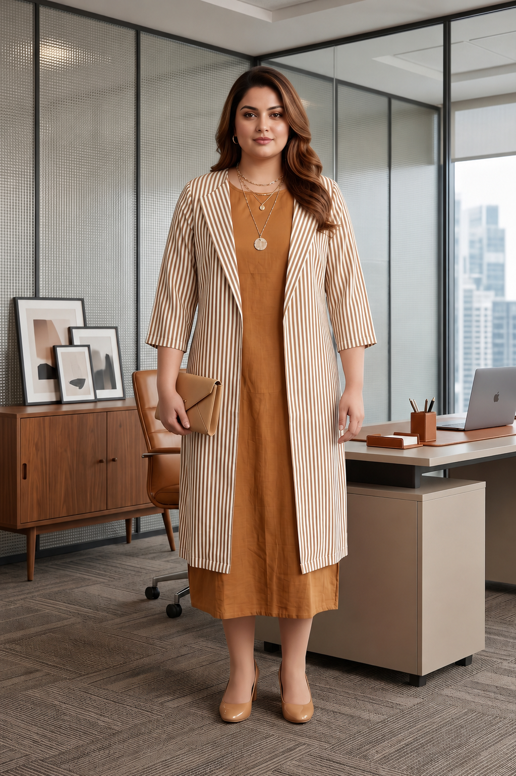 Brown Striped Cotton Layered Jacket Dress Set for Women