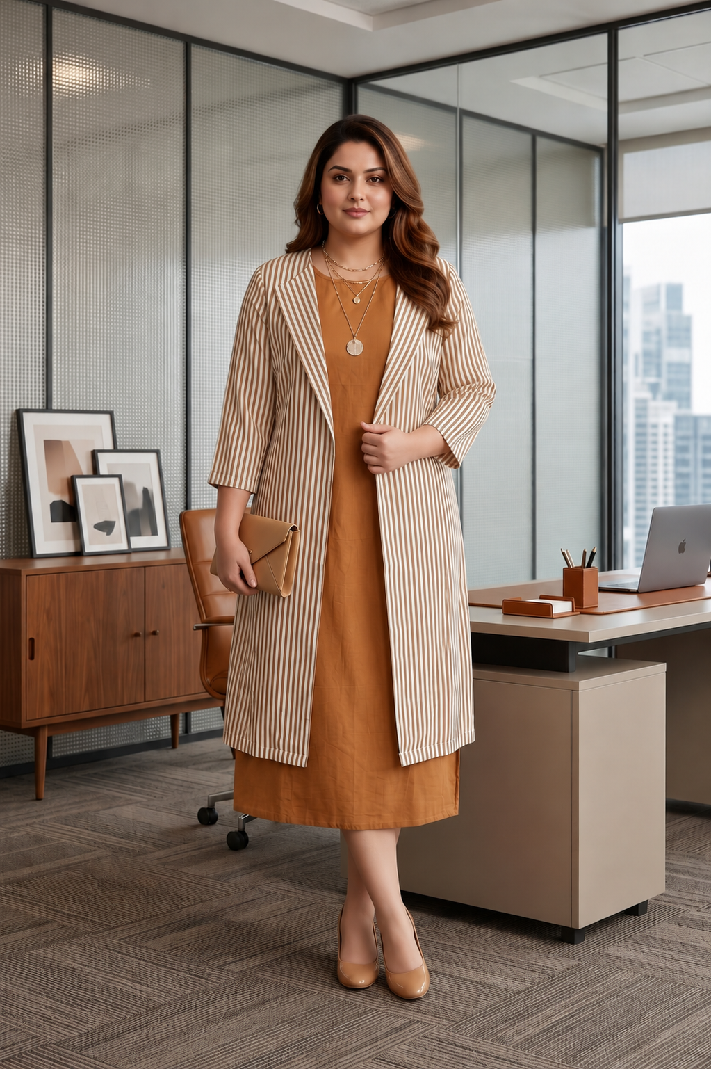 Brown Striped Cotton Layered Jacket Dress Set for Women