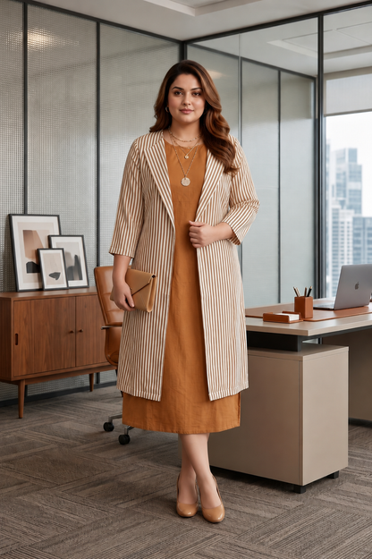 Brown Striped Cotton Layered Jacket Dress Set for Women