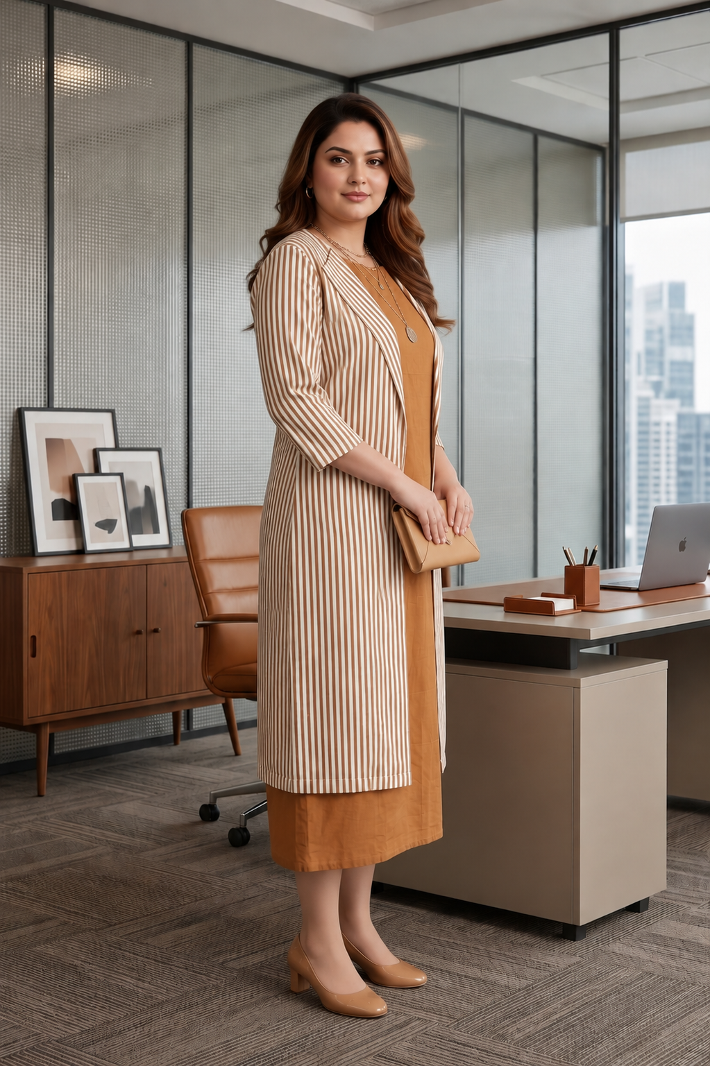Brown Striped Cotton Layered Jacket Dress Set for Women