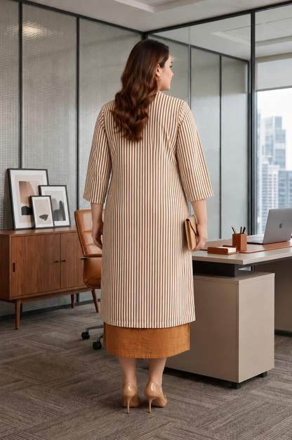Brown Striped Cotton Layered Jacket Dress Set for Women