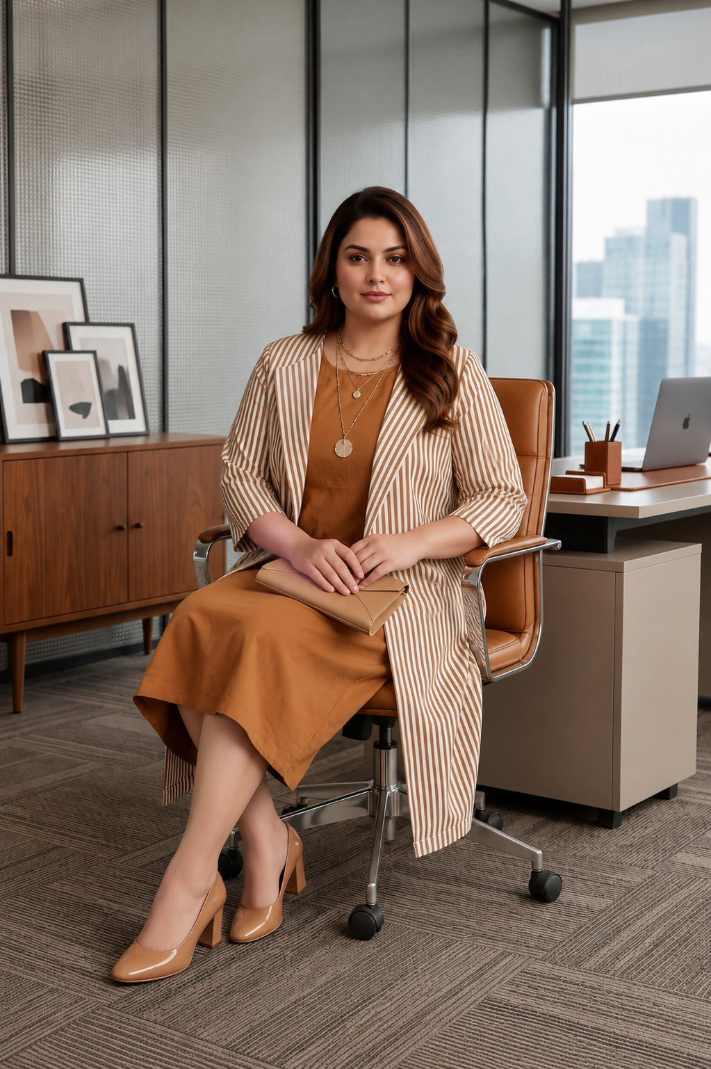Brown Striped Cotton Layered Jacket Dress Set for Women