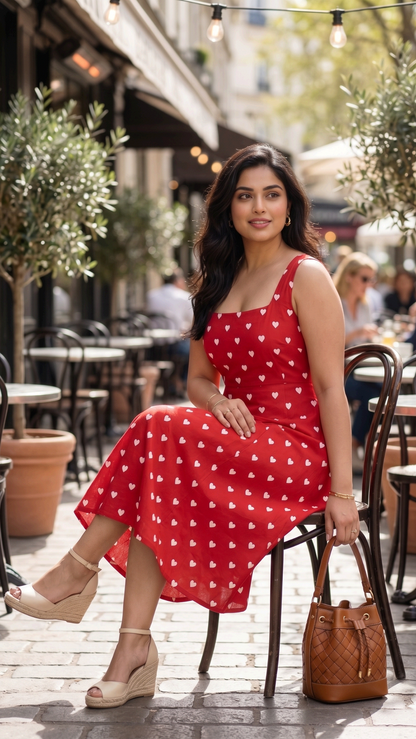 Plus Size Red Heart Print Cotton Midi Dress for Women | Sleeveless Flared Dress