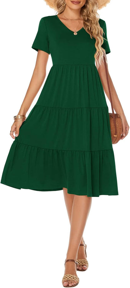 Women'S Casual Summer Tiered Midi Dress 2026 V Neck Boho Sundress