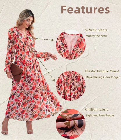 Blue Floral Print Maxi Dress for Women Fall Chiffon Deep V Neck Long Sleeves Ruffle Hem Party Dresses Fashion Elastic Cuffs Boho Dresses for Holiday Vacation, US 4-6(S)